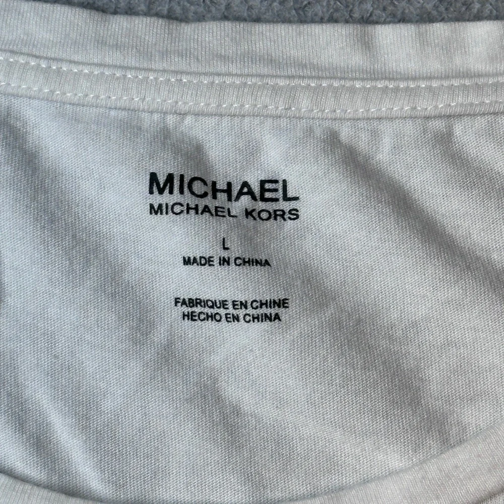 Michael Michael Kors T-Shirt Womens L White Floral MK Circle Logo Scoop Neck Tee